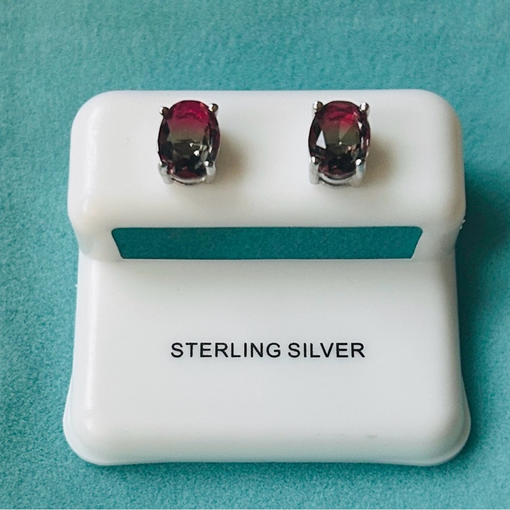 925 Sterling Silver‎ oval Watermelon tourmaline Earrings